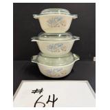 (3) Pyrex Covered Bowls - 'Blue Iris'