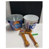 (2) Beer Tap Handles (2) Metal Beer Buckets