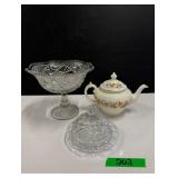 Pressed Glass Bowl, Crystal Butter Dish, T-Pot