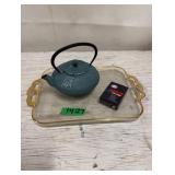 Cast Iron Asian Tea Pot, Glass Tray & Esso Cards