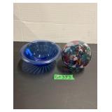 6' Diam Art Glass Ball & Cobalt Blue Bowl