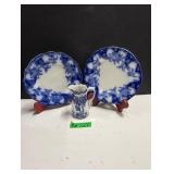(2) Flow Blue Plates (1) Flow Blue Pitcher