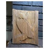 CARVED WOOD OWL ON TREE SLICE - 9.5 X 12 '