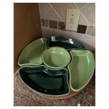 VINTAGE WOOD & POTTERY LAZY SUSAN RELISH TRAY SET