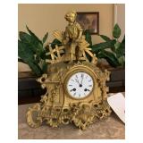 ANTIQUE GILT POT METAL FIGURAL MANTEL CLOCK W/