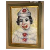 VINTAGE FRAMED CREEPY CLOWN PAINTING ON CANVAS -