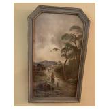 VINTAGE FRAMED VILLAGE SCENE PRINT - 19.5 X 11.5