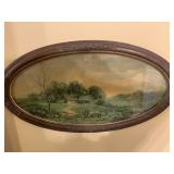 ANTIQUE OVAL FRAMED LANDSCAPE PRINT - 31.5 X 17.5