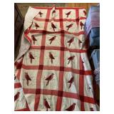 VINTAGE HAND-SEWN RED BIRD QUILT - FULL SIZE -