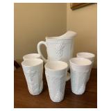 WESTMORELAND GRAPE PANEL MILK-GLASS PITCHER & 5