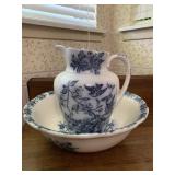 ANTIQUE FLO-BLUE BOWL & PITCHER SET