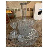 CRYSTAL TRAY, DECANTER, 4 GLASSES & SALTS