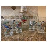 VINTAGE BIRD MOTIF PITCHER & 6 GLASSES
