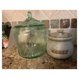 GREEN GLASS COOKIE JAR & POTTERY HONEY POT