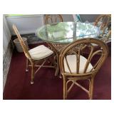 RATTAN GLASS TOP DINING ROOM TABLE & 4 CHAIRS