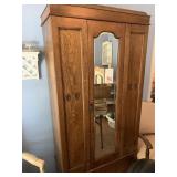 ANTIQUE OAK ARMOIRE W/ DRAWER & BEVELED MIRROR -