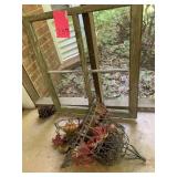 2 METAL HANGING BASKETS AND WOOD WINDOW FRAME NO