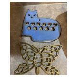 BRASS BUTTERFLY & POTTERY CAT TRIVETS