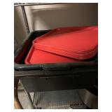 2 BUS TUBS & STACK OF PLASTIC RED TRAYS