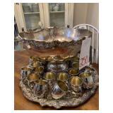 LARGE ROGERS SILVER PLATE PUNCH BOWL, TRAY, LADLE