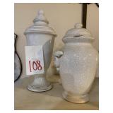 2 WHITE CERAMIC JARS W/ LIDS - 12 ' AND 16 '