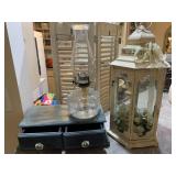 OIL LAMP, LANTERN & 2 DRAWER STORAGE BOX