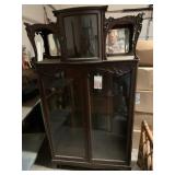ANTIQUE GLASS FRONT BOOKCASE W/ 3 SHELVES & CURIO