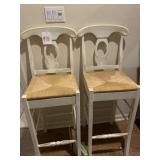 PAIR OF RUSH SEAT PAINTED WOOD BAR STOOLS - 30 '