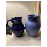 ARTIST SIGNED BLUE POTTERY 8 ' VASE AND 7 '