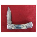 White & Blue Handle Damascus Pocket Knife