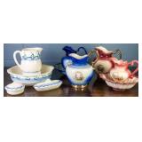 THREE VINTAGE WASH SETS AND TWO PITCHERS