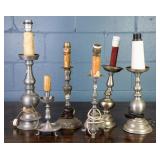 6 PEWTER CANDLESTICK LAMPS & 1 CANDLESICK