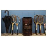 FRENCH UMBRELLA STAND, UMBRELLA & 5 RACKETS
