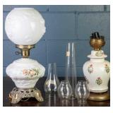 2 ELECTRIFIED OIL LAMPS & 4 HURRICANE SHADES