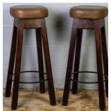 PAIR OF ENGLISH OAK AND IRONWORK BARSTOOLS