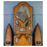 AMERICAN OAK WALL MIRROR & TWO SCONES
