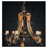 6-LIGHT IRON & OAK CHANDELIER