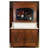 FRENCH OAK MARBLE TOP MIRRORED BACK WASHSTAND