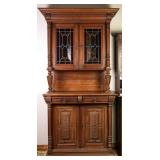 FRENCH OAK STAINED GLASS VITRINE BUFFET
