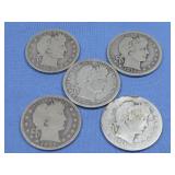 Five Barber Quarters 90% Silver
