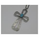 S.S. Signed N/A Turq Cross Pendant Necklace See