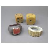 Vtg. Celluloid 2 Dice W/Carnelian & Antler Ring