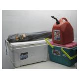 Two Coolers Folding Chair & New 5 Gal. Gas Can