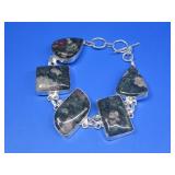 Eudialyte Gemstone Cabochon Bracelet Silvertone