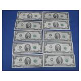 Ten Unfolded $2.00 Bills