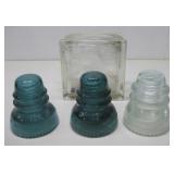 Three Vtg Glass Insulators & Glass Bock See Info
