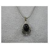 Silvertone Chain W/Black Stone Pendant