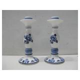 Two Delft Candlestick Holders 9' Tall