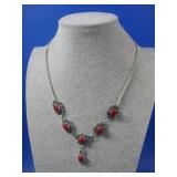Red Cabochon Ornate Necklace SIlvertone