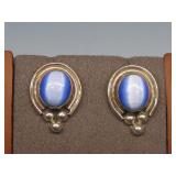Vtg S.S. Blue Cats Eye Earrings Hallmarked